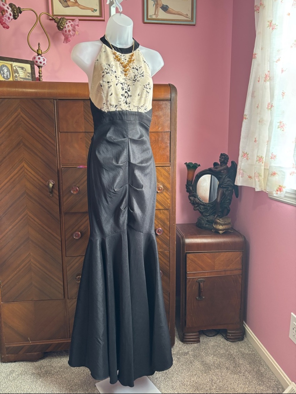 Vintage 90’s/Y2K Blondie Nites Black Satin Mermaid Gown with Lace Halter Bodice